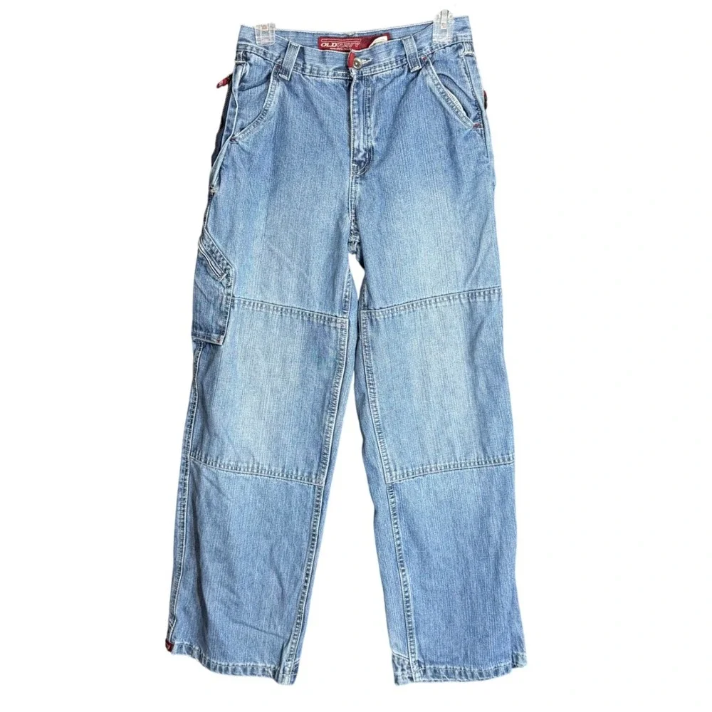 Vintage Old Navy Girls Size 16 Wide Leg Cargo Jeans Blue Denim Y2K Baggy Utility